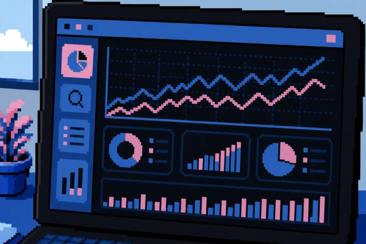 Tela de computador mostrando gráficos de desempenho e barras de SEO.