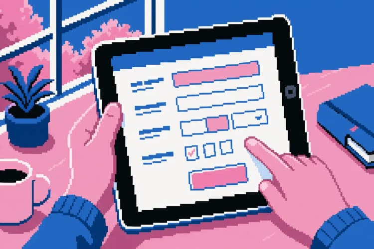 Mãos preenchendo um formulário digital em uma tela de tablet.