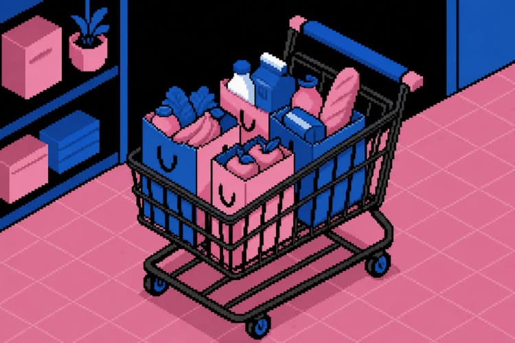 Carrinho de compras online com sacolas cheias, representando e-commerce.
