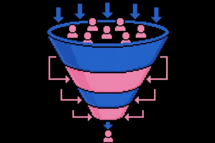 Gráfico de funil de marketing com setas indicando fluxo de clientes.