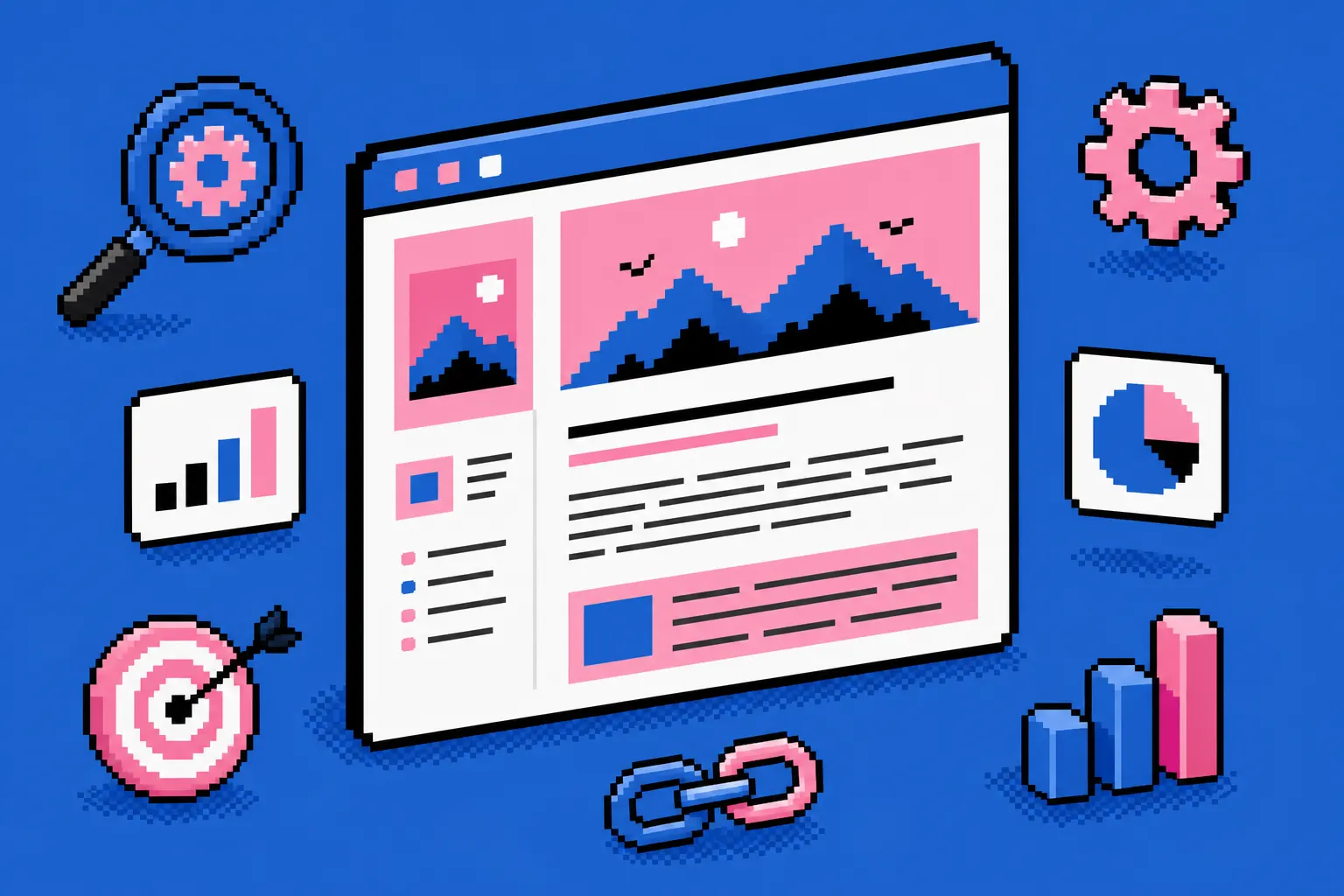 Ilustração de um blog com ícones de otimização e SEO flutuando ao redor.
