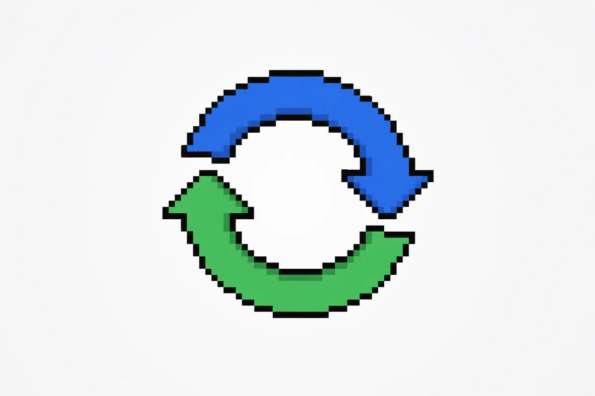 Duas setas curvas, uma azul e uma verde, se entrelaçam formando um círculo, com um fundo branco e gradiente suave.