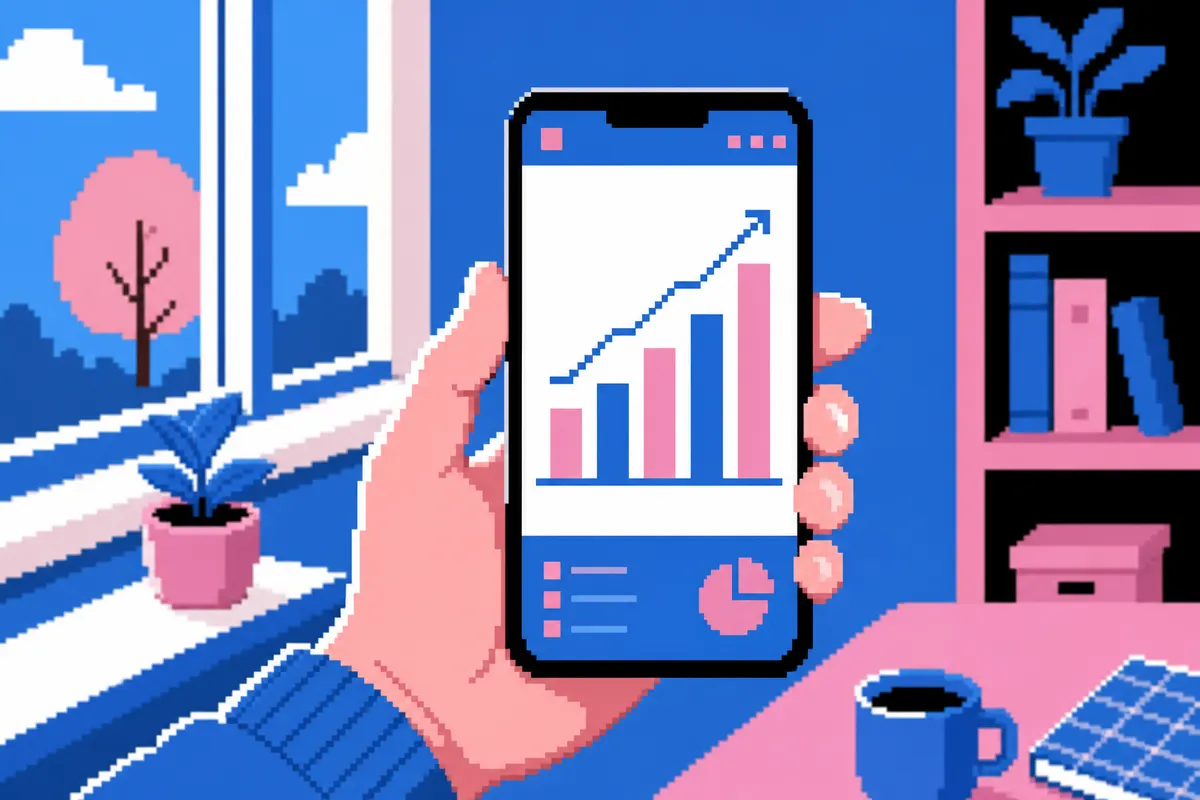 Uma pessoa anônima em primeiro plano segura um smartphone exibindo um gráfico de crescimento, com um fundo desfocado de um ambiente de negócios.