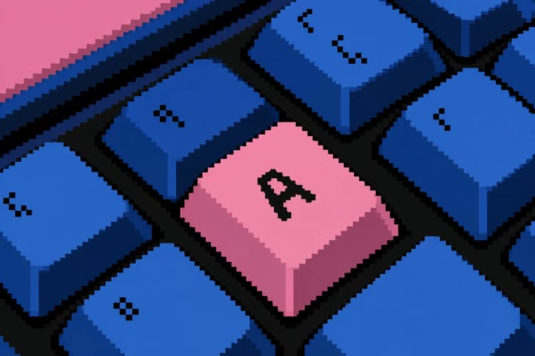 Um close-up de um teclado de computador com a tecla "A" em destaque, em um ambiente de escritório com luz suave.