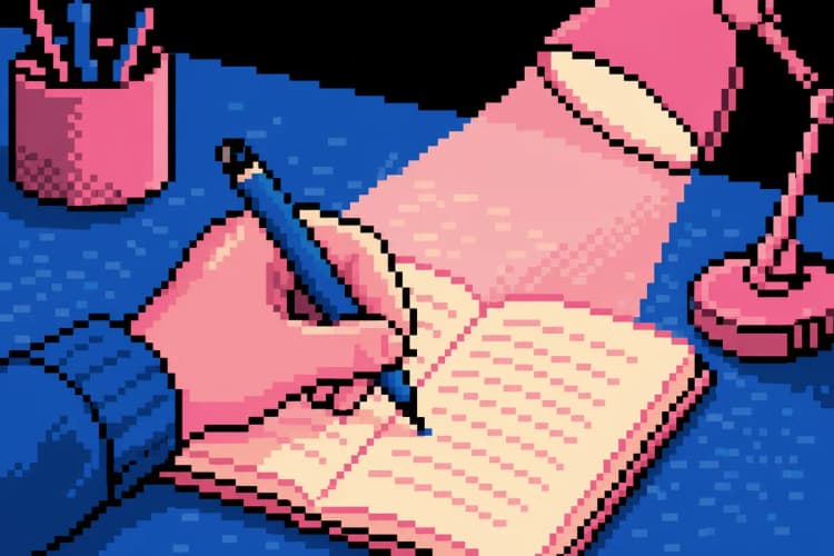 Uma mão escreve em um caderno aberto com uma caneta, com um fundo desfocado de uma mesa de escritório.
