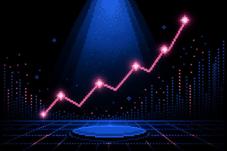 Um gráfico de linha ascendente em um fundo escuro, com pontos de luz brilhantes ao longo da linha.