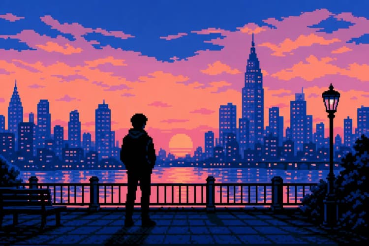 Uma pessoa olha para um horizonte urbano ao pôr do sol, com uma silhueta de edifícios.