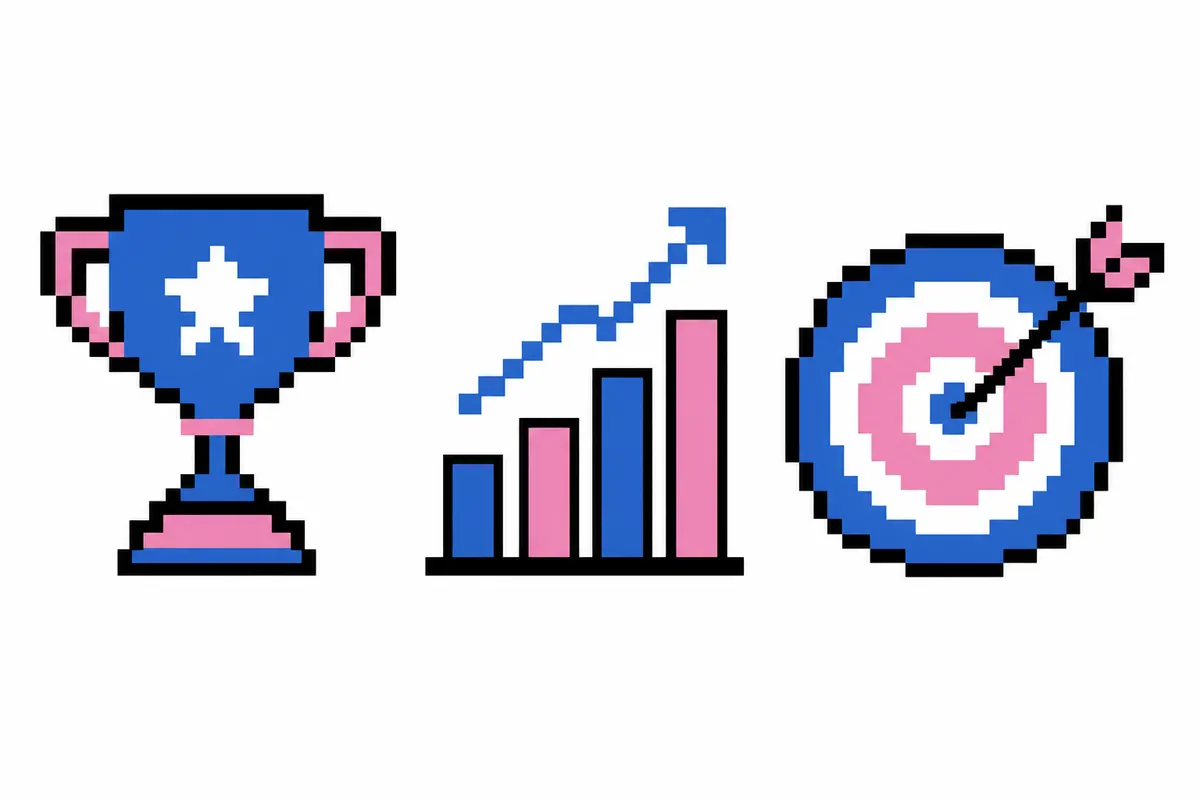 Três ícones representando benefícios: um troféu (sucesso), um gráfico de crescimento (lucro) e um alvo com flecha (precisão).