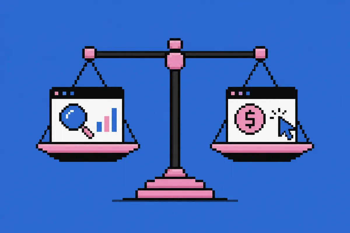Uma balança comparando SEO de um lado e SEM do outro, com pesos iguais.