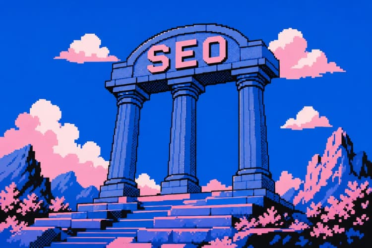 Três pilares de pedra sustentando um arco com a sigla SEO.