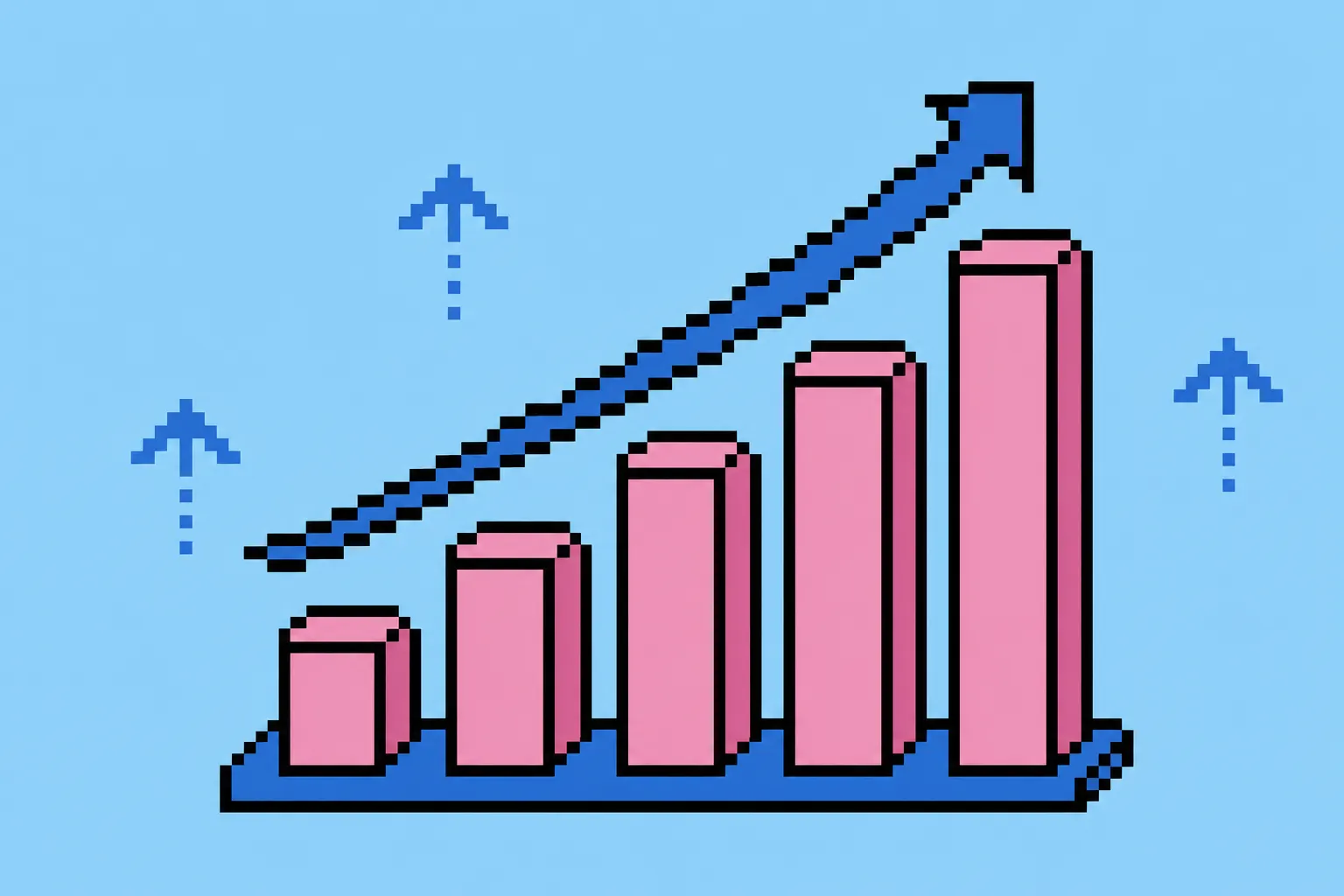 Um gráfico de barras mostrando o crescimento de vendas com setas apontando para cima, sobre um fundo azul claro.