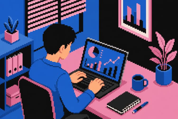 Uma pessoa digitando em um laptop com gráficos de crescimento na tela, plano médio, luz de escritório, momento de trabalho.