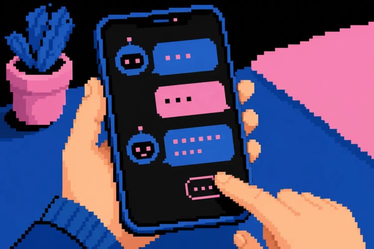 Uma pessoa falando com um assistente virtual em um smartphone, close-up, luz ambiente, interação.