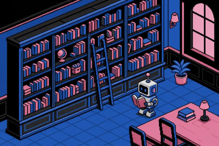 Uma estante de livros com títulos variados e um robô pequeno ao lado, plano geral, luz de biblioteca, cena organizada.
