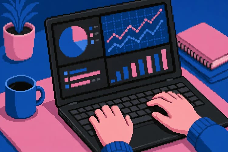 Uma pessoa digitando em um laptop com gráficos na tela