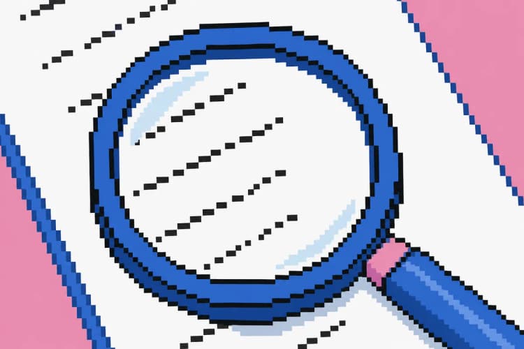 Uma lupa examinando uma lista de palavras em um papel