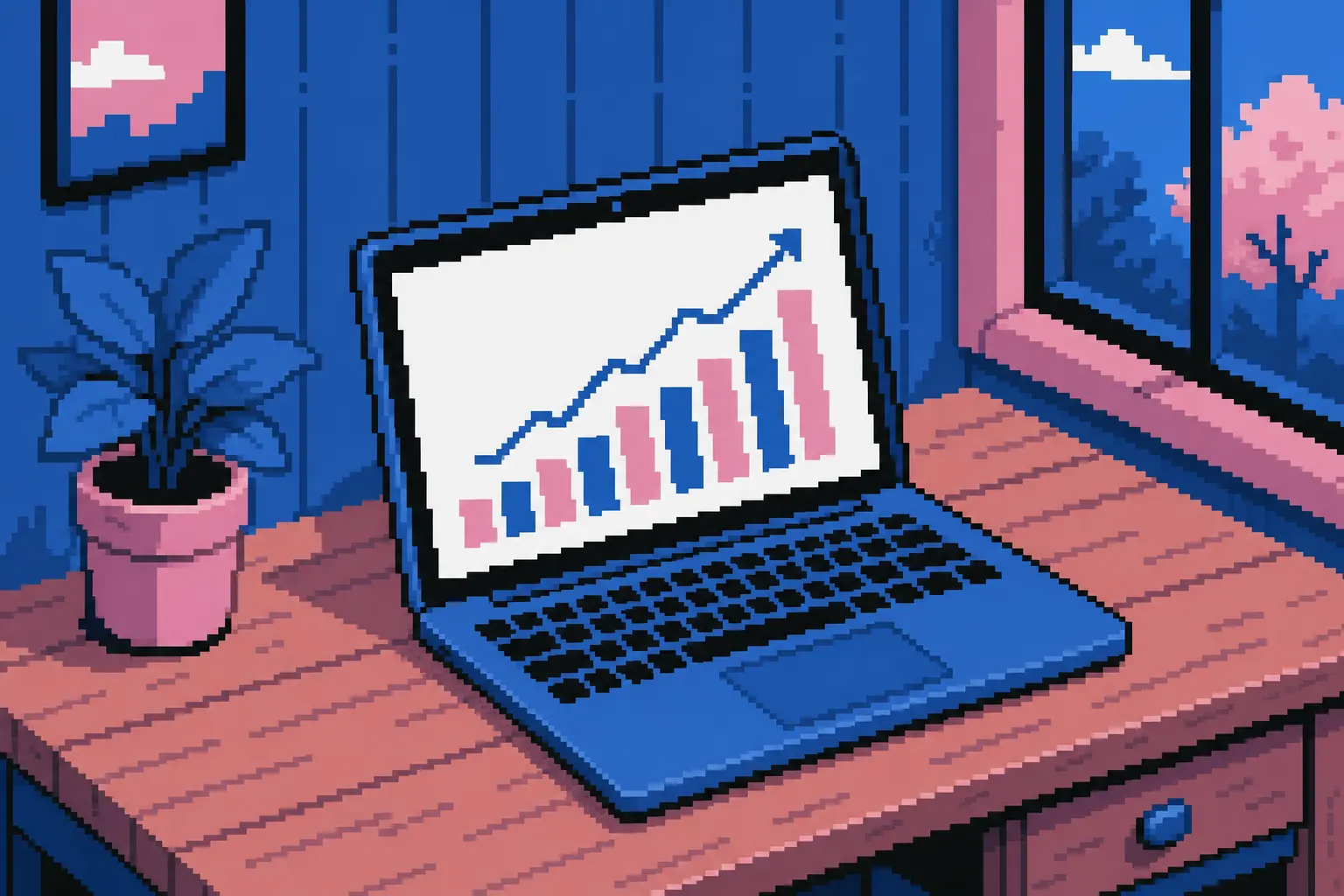 Um laptop aberto exibindo um gráfico de crescimento em uma mesa de madeira com uma planta ao lado