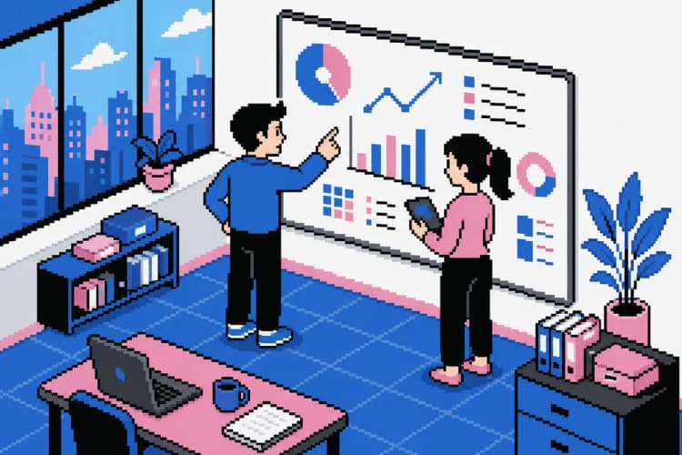 Duas pessoas analisando gráficos e números em um quadro branco, discutindo estratégias de marketing digital.