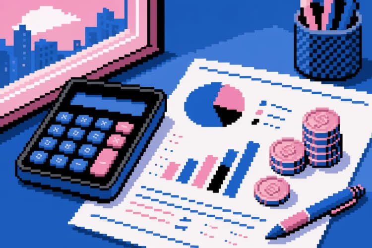 Calculadora e moedas sobre um relatório financeiro, simbolizando o cálculo de retorno sobre investimento.