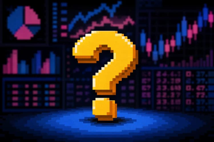 Ponto de interrogação grande e dourado sobre um fundo desfocado de gráficos e números.