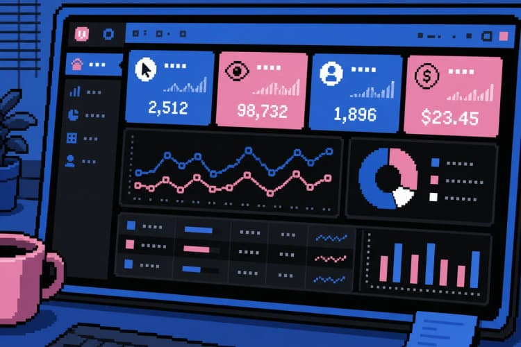 Painel com métricas de desempenho de anúncios online, como cliques, impressões e custo por aquisição.