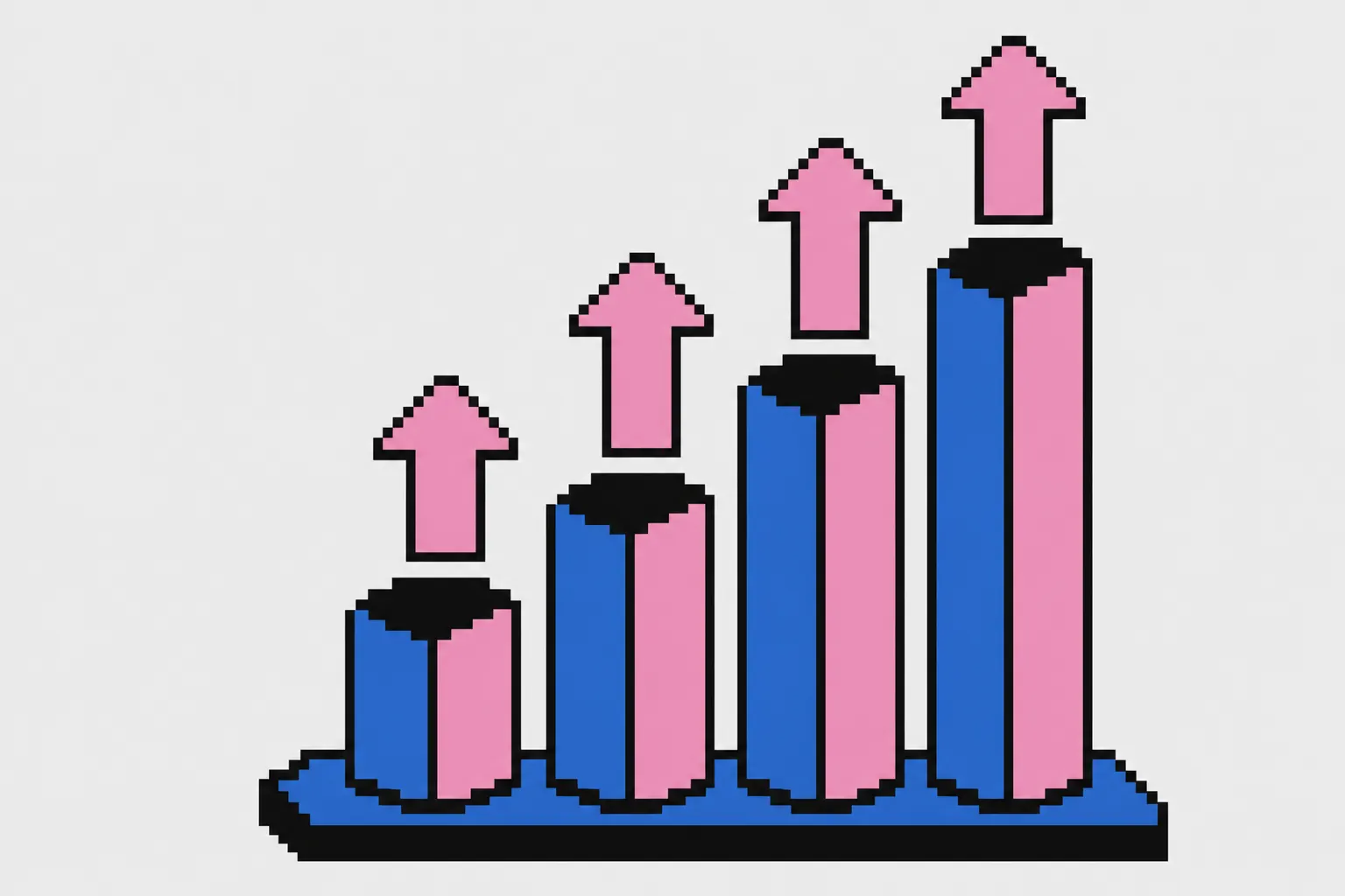 Gráfico de barras com setas apontando para cima, simbolizando crescimento financeiro e retorno sobre investimento.