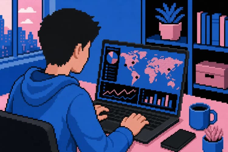 Uma pessoa usando um laptop com gráficos de desempenho e um mapa mundial sobreposto, simbolizando a integração de SEO e GEO.