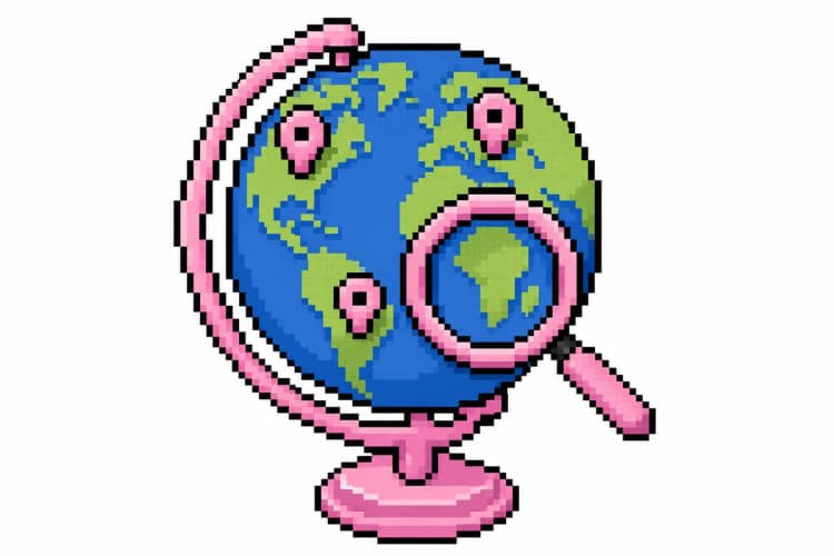 Um globo terrestre com marcadores de localização e um ícone de lupa, ilustrando a importância da geolocalização e SEO.