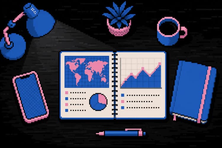 Uma mesa de escritório com um notebook exibindo um mapa e um gráfico, ao lado de um smartphone e um caderno, representando boas práticas de conteúdo.