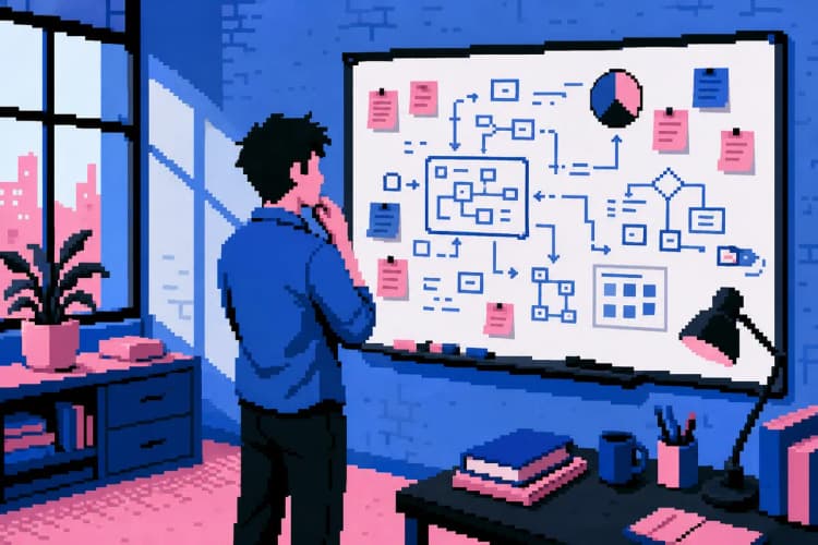 Uma pessoa pensativa olhando para um quadro branco com diagramas complexos e post-its, simbolizando desafios em estratégias de conteúdo.