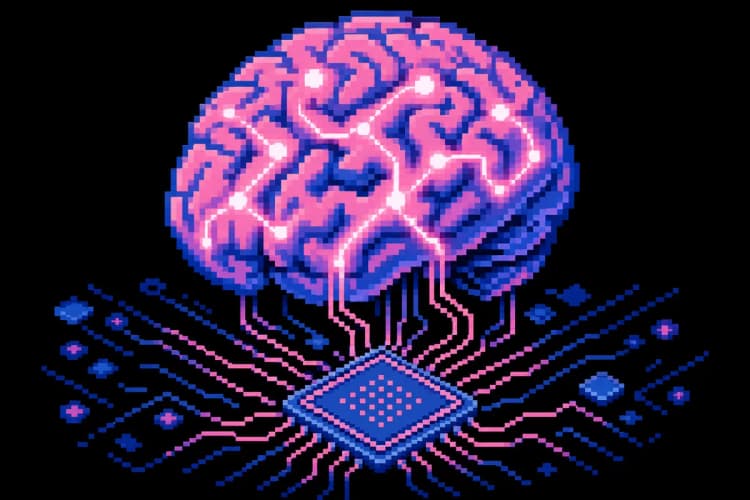 Um cérebro estilizado com conexões de luz e um chip de computador, representando o impacto da inteligência artificial na busca.