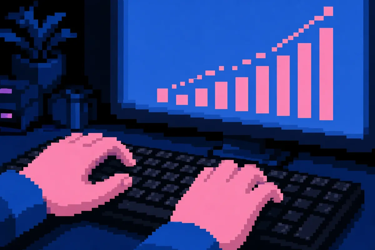 Pessoa escrevendo em um teclado com um gráfico de barras subindo na tela.