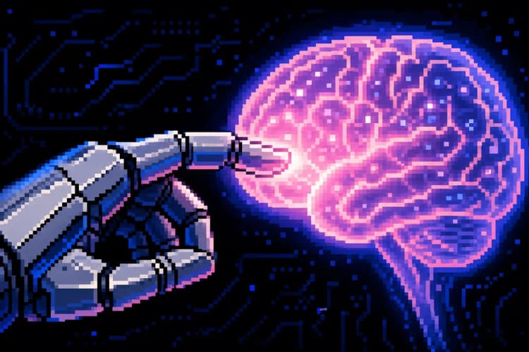 Robô de metal interagindo com um cérebro humano digitalizado.
