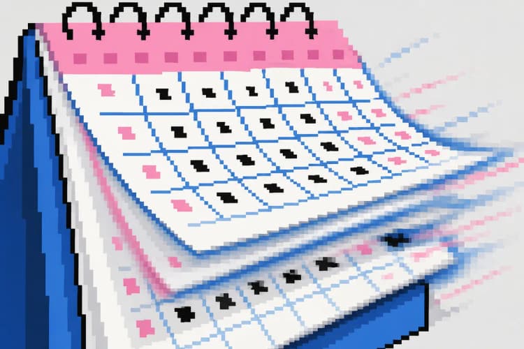 Calendário com páginas sendo viradas rapidamente, mostrando datas.