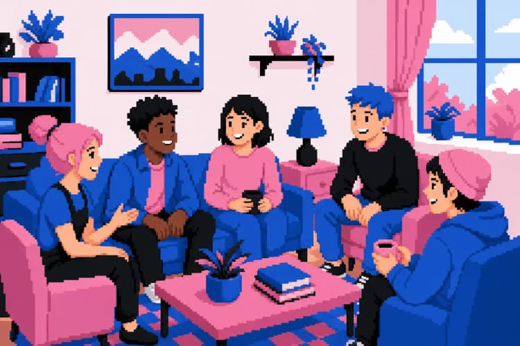 Grupo de pessoas sorrindo e conversando em uma sala de estar.