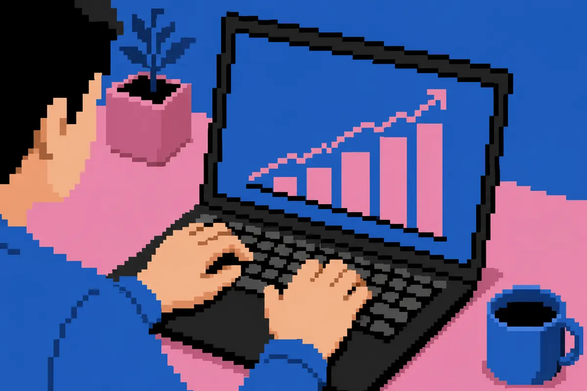 Uma pessoa digitando em um laptop com um gráfico de crescimento na tela