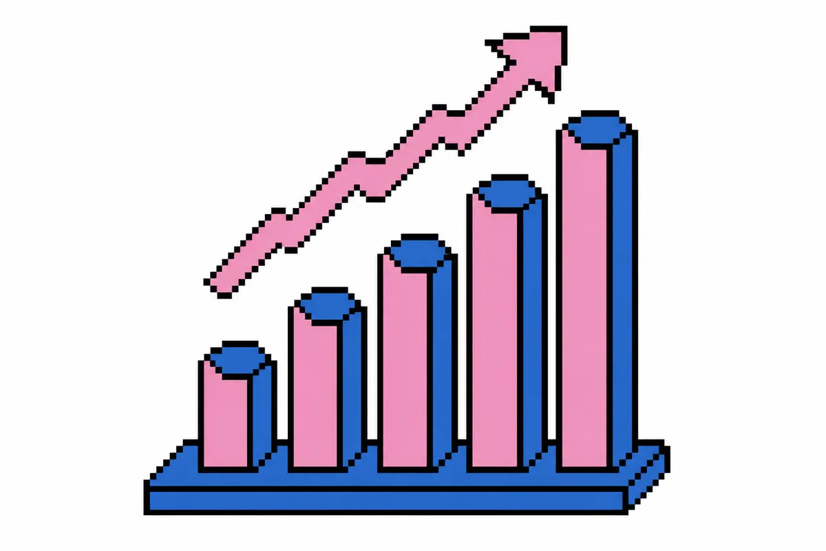 Gráfico de barras subindo em direção ao topo, simbolizando crescimento financeiro