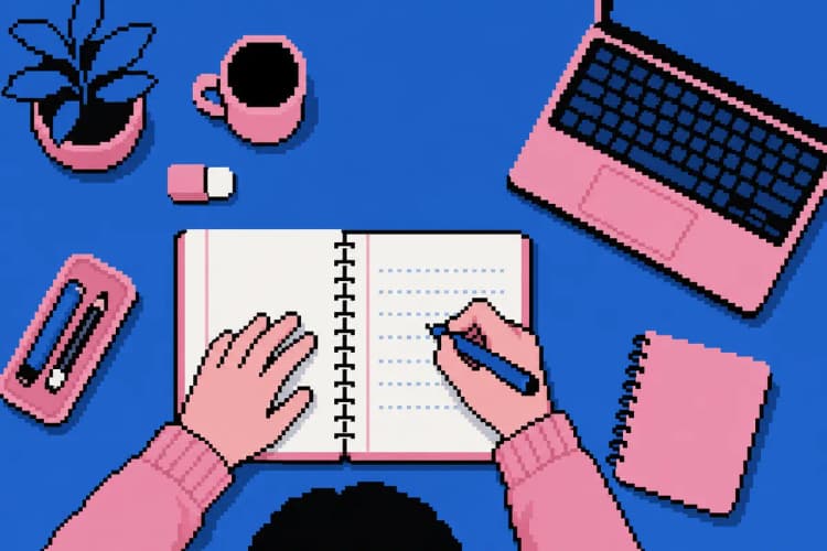 Uma pessoa escrevendo em um caderno com uma caneta, com um laptop ao lado