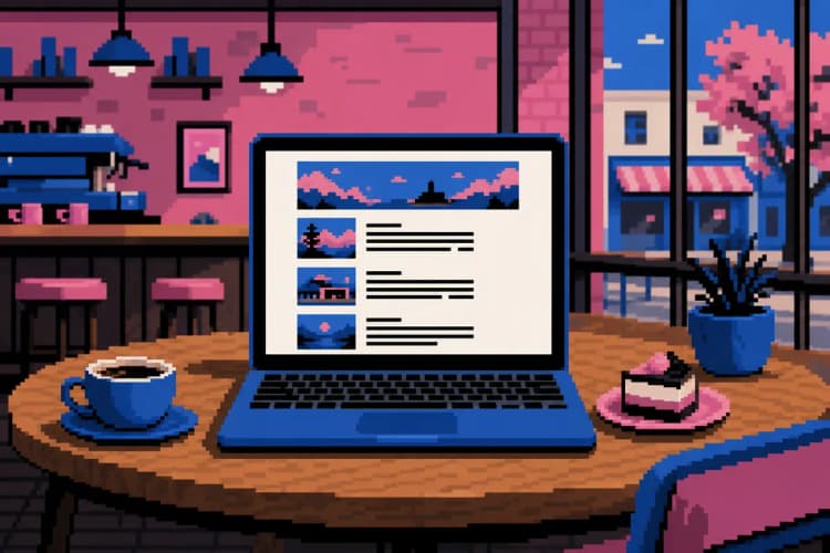 Um blog com posts recentes em um laptop em uma mesa de café