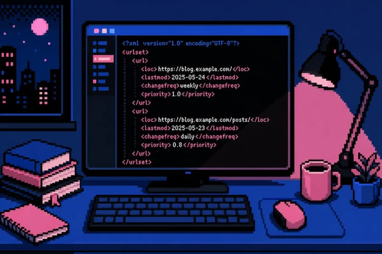 Tela de computador mostrando a criação de um sitemap XML para um blog.