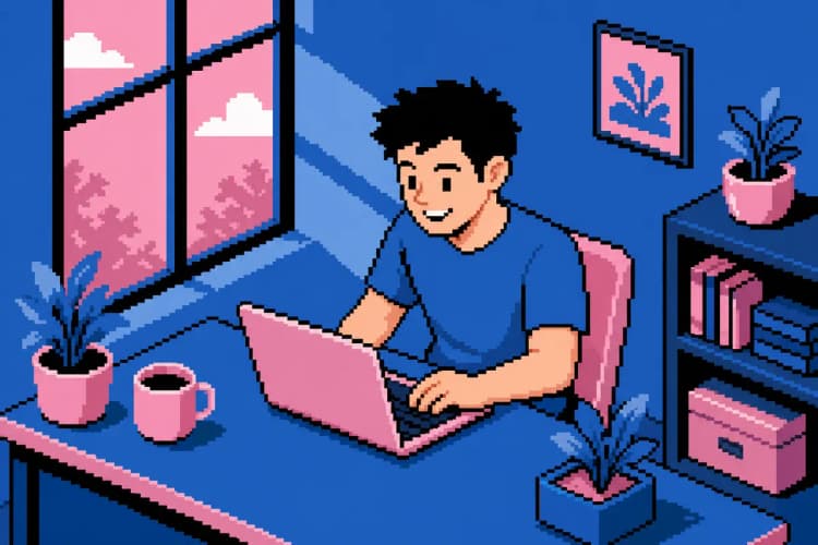 Homem sorrindo enquanto usa um laptop em uma mesa com plantas, plano médio, luz natural da janela, dia