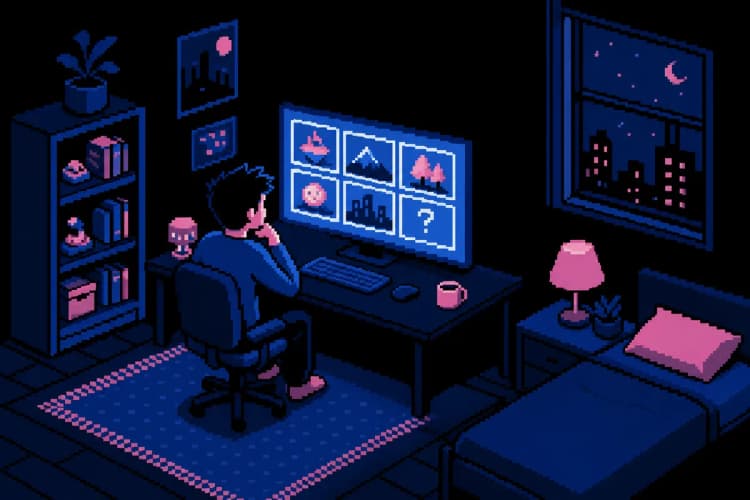 Pessoa escolhendo entre várias opções em uma tela de computador, cena ampla, luz de monitor, noite