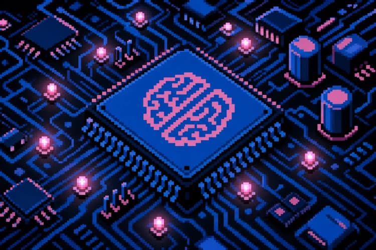 Um close-up de um circuito de computador com luzes LED piscando, simbolizando o processamento de dados por uma IA.