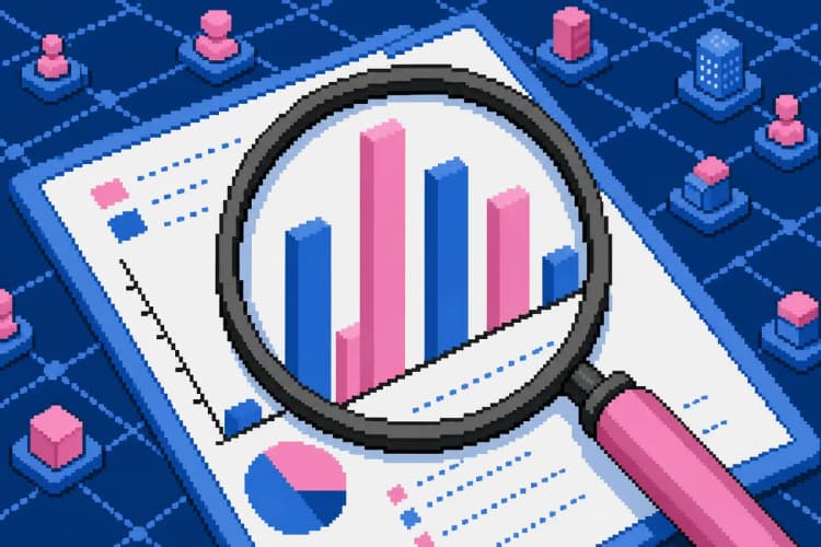 Uma lupa examinando um gráfico de barras que mostra a presença de uma marca, com um fundo de rede digital.
