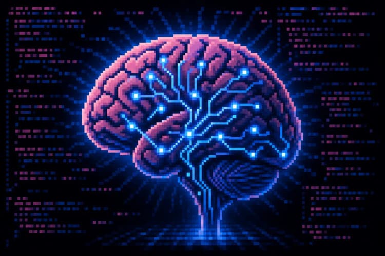 Um cérebro humano conectado a circuitos digitais brilhantes, em um fundo escuro com linhas de código desfocadas.