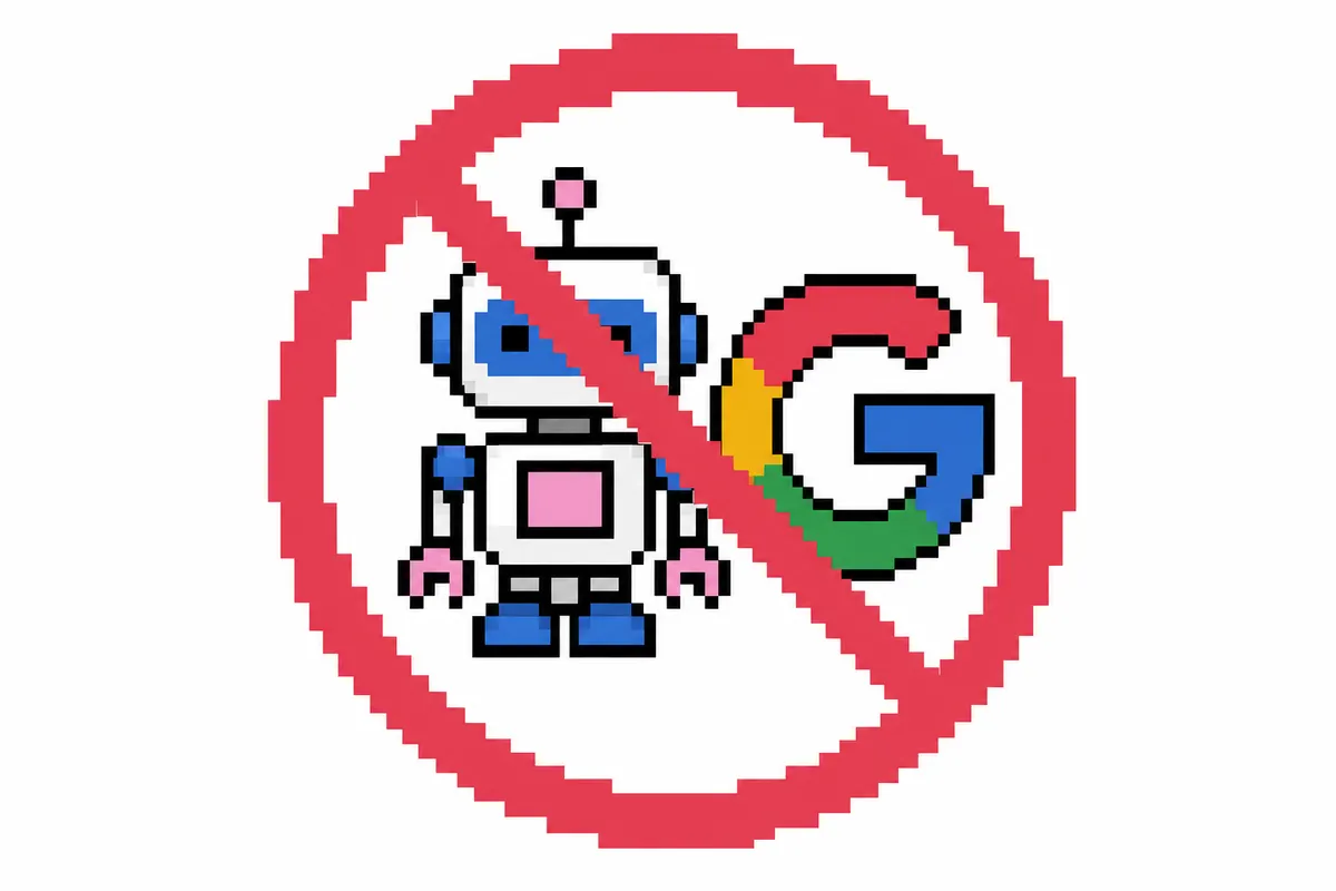 Um sinal de 'proibido' vermelho sobre um ícone de robô e um símbolo de 'Google'.