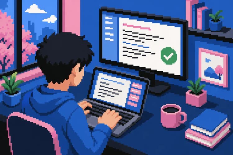 Uma pessoa revisando um texto em um monitor de computador com um ícone de 'check' verde ao lado.