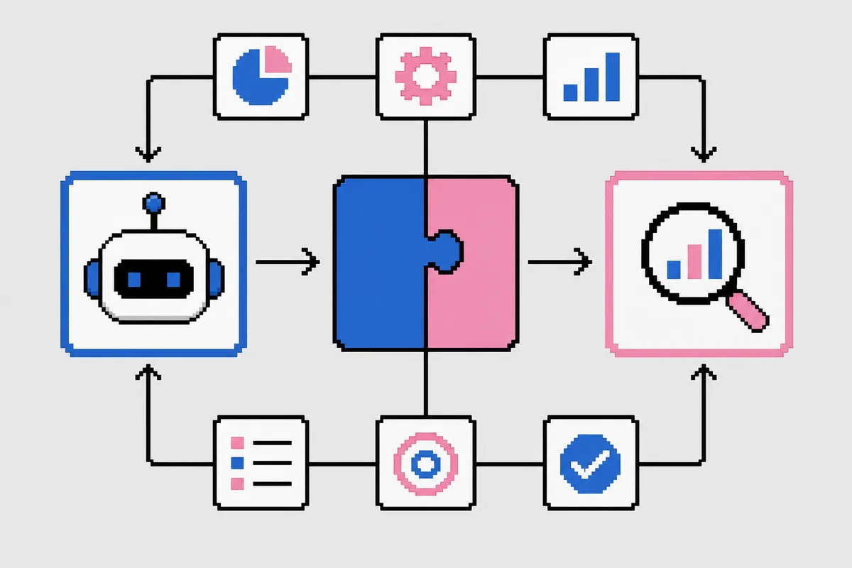 Um diagrama de fluxo mostrando a integração de um robô (IA) em um processo de SEO com setas conectando os elementos.
