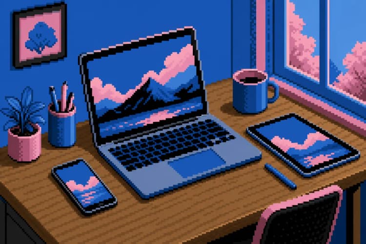 Um conjunto de ferramentas digitais organizadas em uma mesa, incluindo um laptop e um tablet.