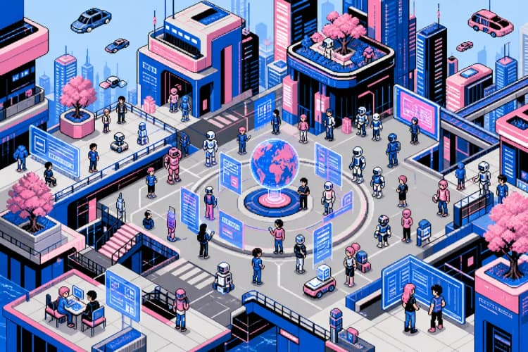 Um horizonte futurista com robôs e humanos interagindo com interfaces digitais flutuantes.